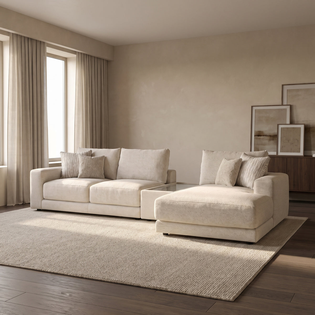 Portofino 3 Seater Chaise with Console Sofa — main lifestyle view in a warm stone and walnut living room