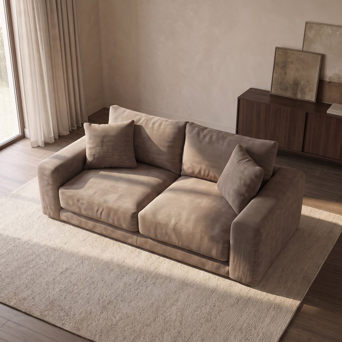 Portofino 3 Seater Sofa — elevated camera view in a warm stone and walnut living room