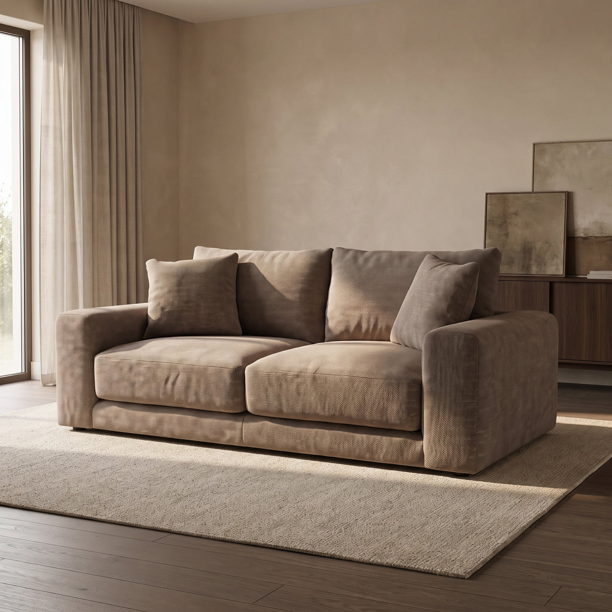 Portofino 3 Seater Sofa — main lifestyle view in a warm stone and walnut living room