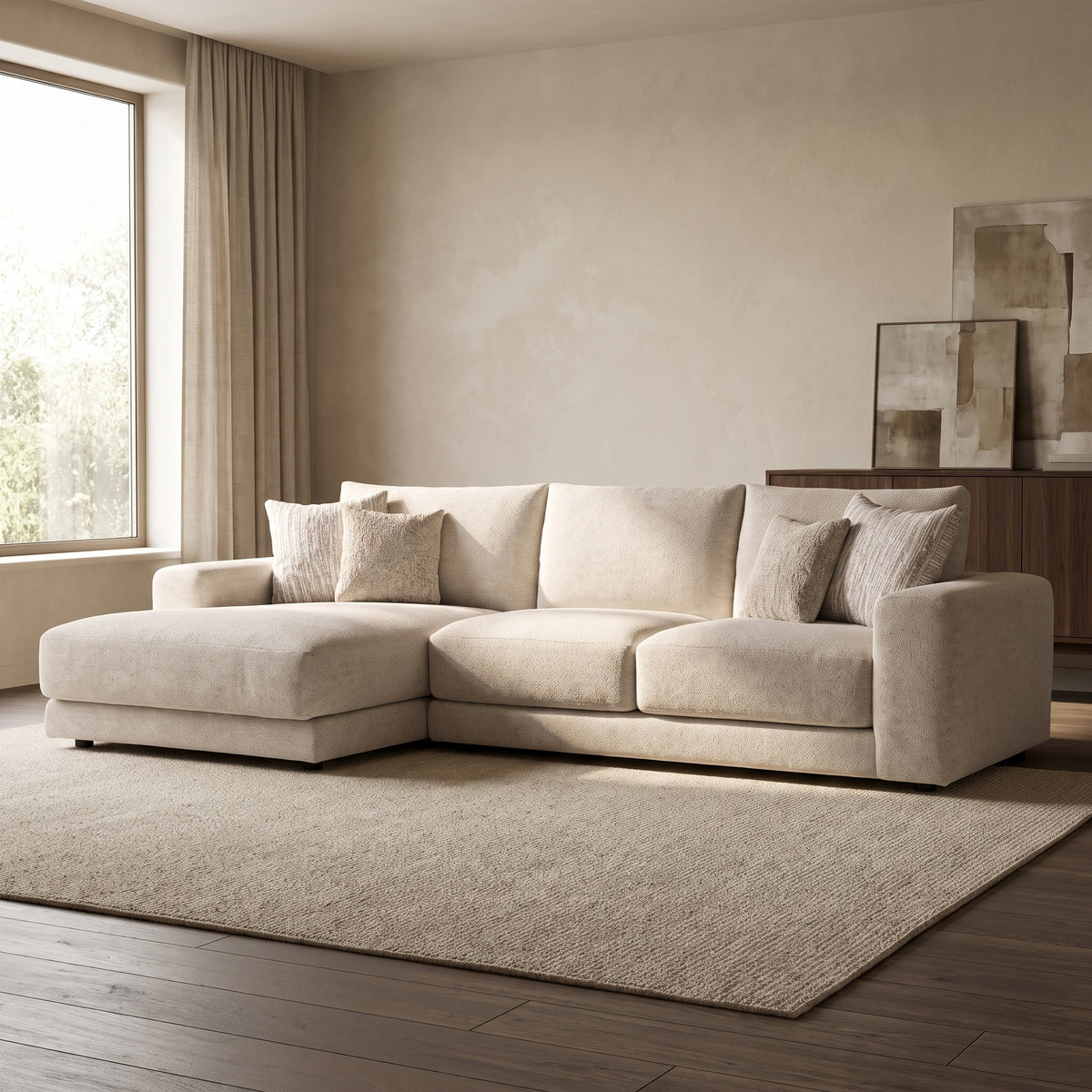 Portofino 3 Seater With Left Hand Facing Chaise Sofa — main lifestyle view in a warm stone and walnut living room