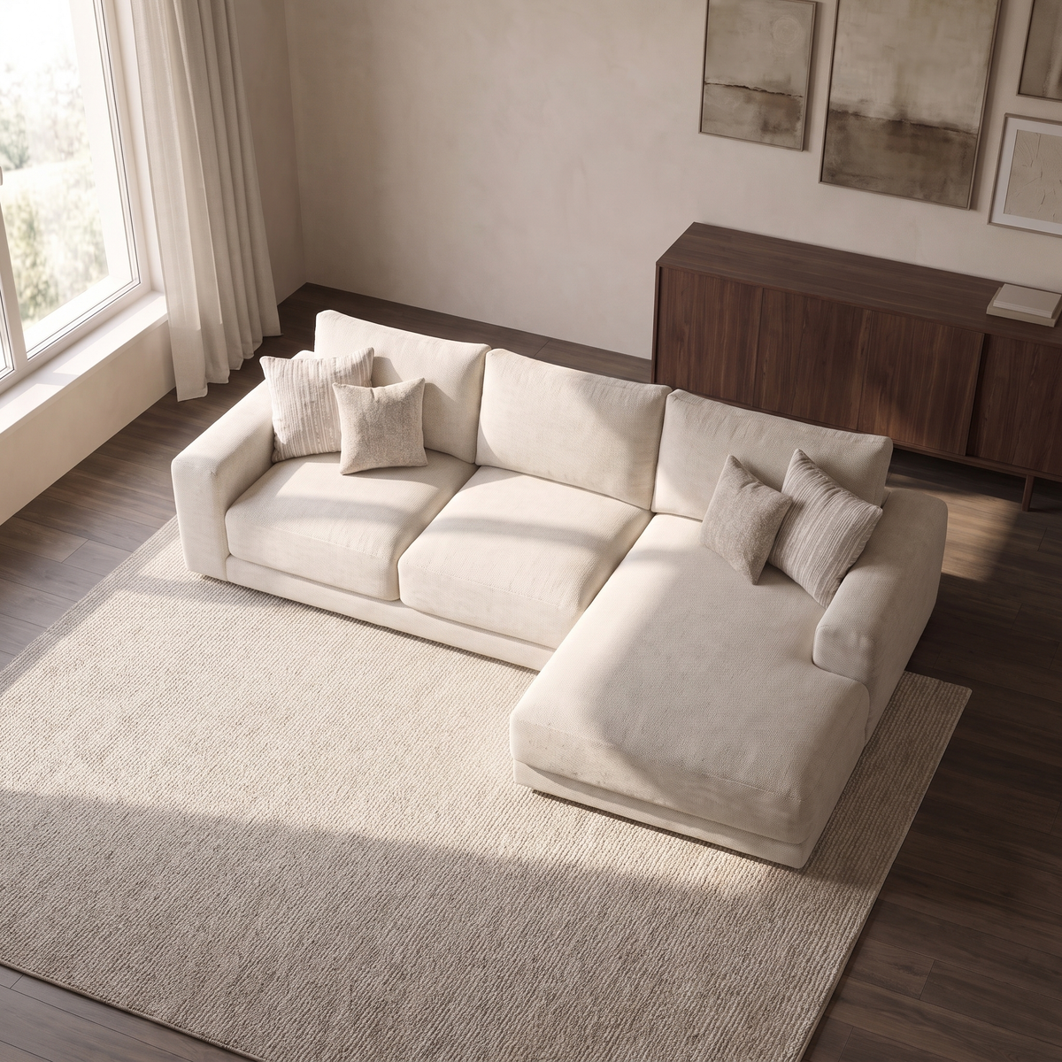 Portofino 3 Seater With Right Hand Facing Chaise Sofa — elevated camera view in a warm stone and walnut living room
