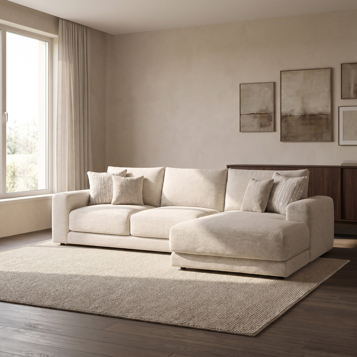 Portofino 3 Seater With Right Hand Facing Chaise Sofa — main lifestyle view in a warm stone and walnut living room