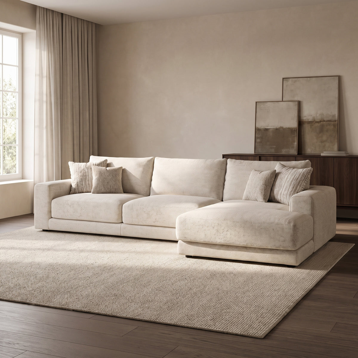 Portofino 4 Seater Chaise Sofa — main lifestyle view in a warm stone and walnut living room