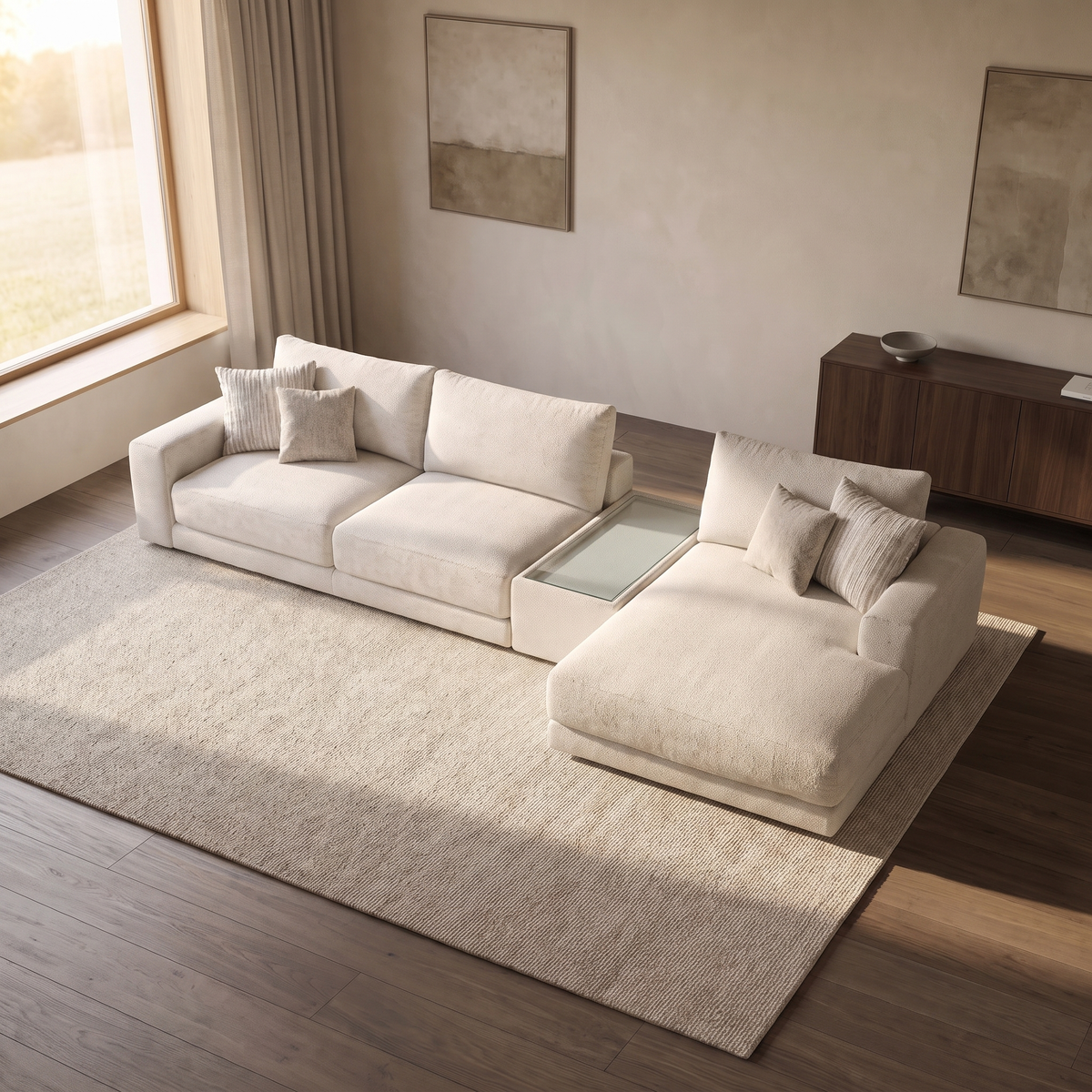 Portofino 4 Seater Chaise with Console Sofa — elevated camera view in a warm stone and walnut living room