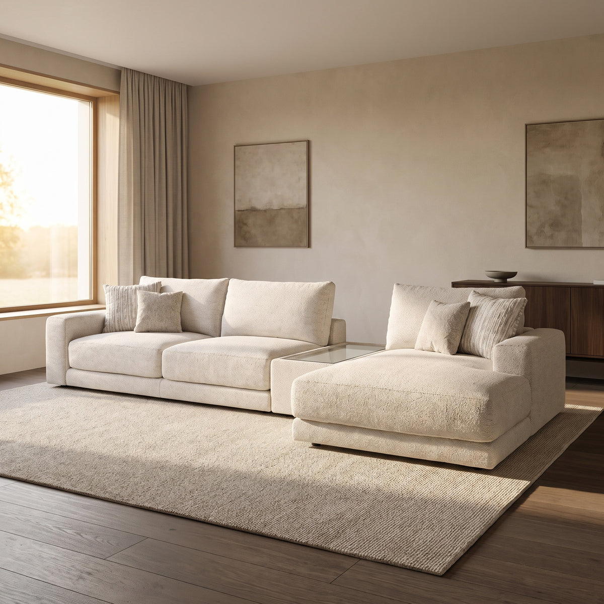 Portofino 4 Seater Chaise with Console Sofa — main lifestyle view in a warm stone and walnut living room