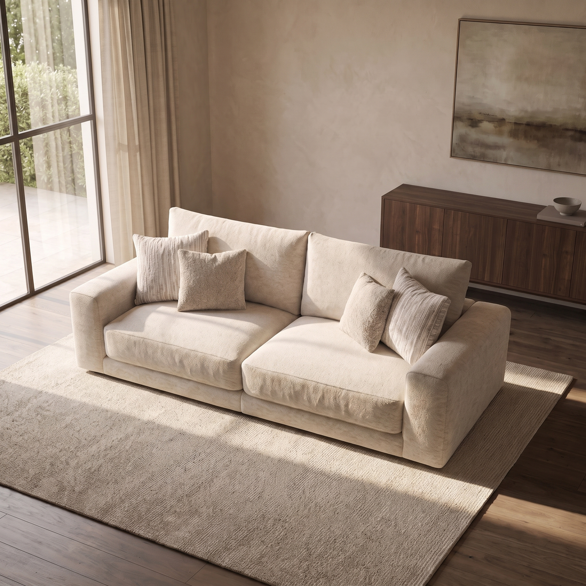 Portofino 4 Seater Split Sofa — elevated camera view in a warm stone and walnut living room