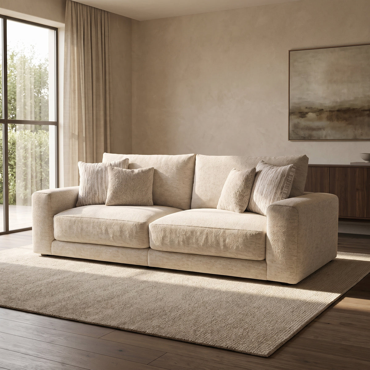 Portofino 4 Seater Split Sofa — main lifestyle view in a warm stone and walnut living room