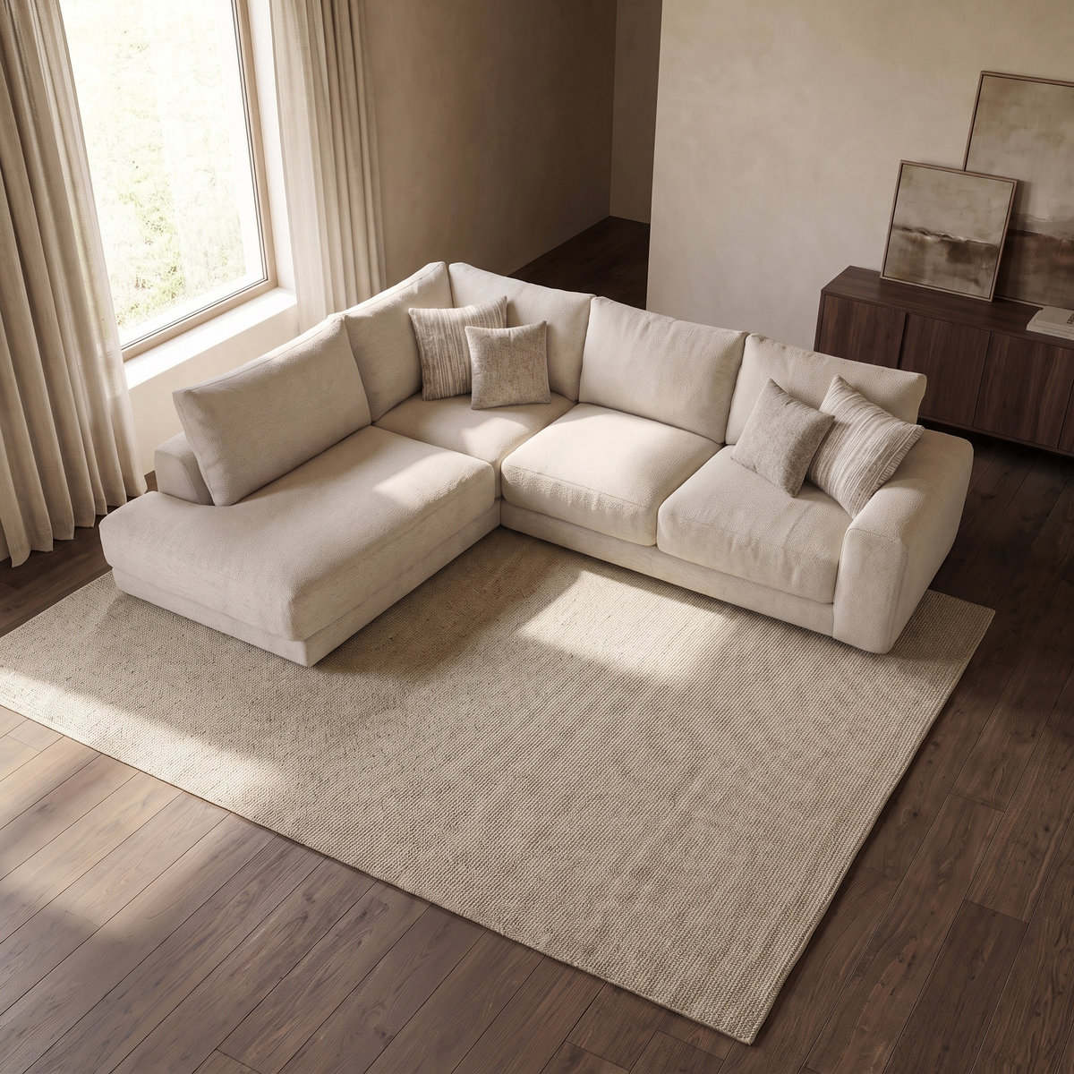 Portofino Chaise 1 Corner 2 Sofa — elevated camera view in a warm stone and walnut living room