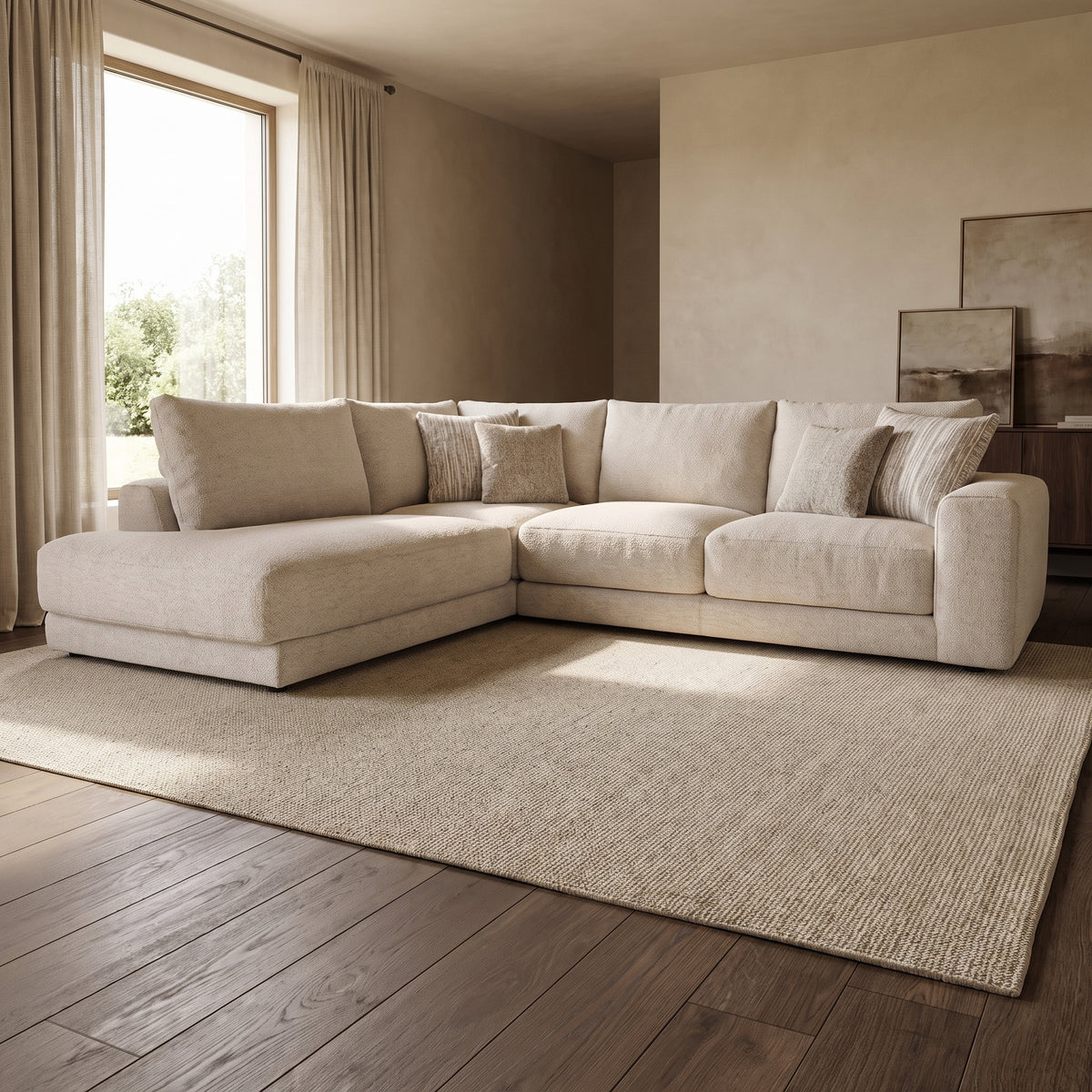 Portofino Chaise 1 Corner 2 Sofa — main lifestyle view in a warm stone and walnut living room