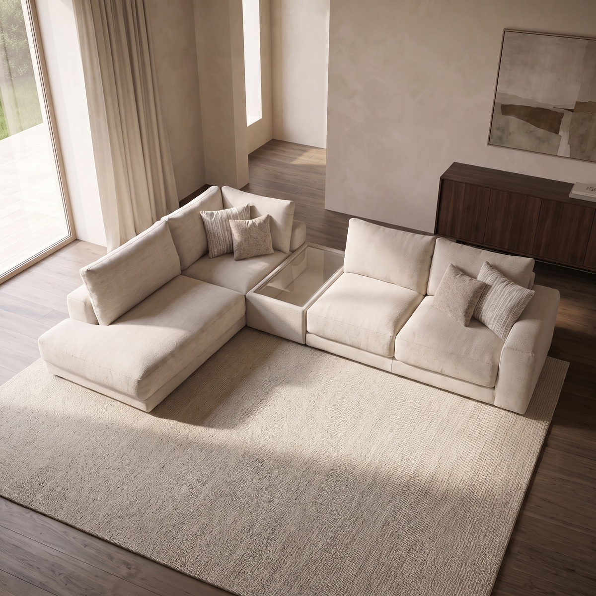Portofino Chaise 1 Corner 2 Sofa with Console — elevated camera view in a warm stone and walnut living room