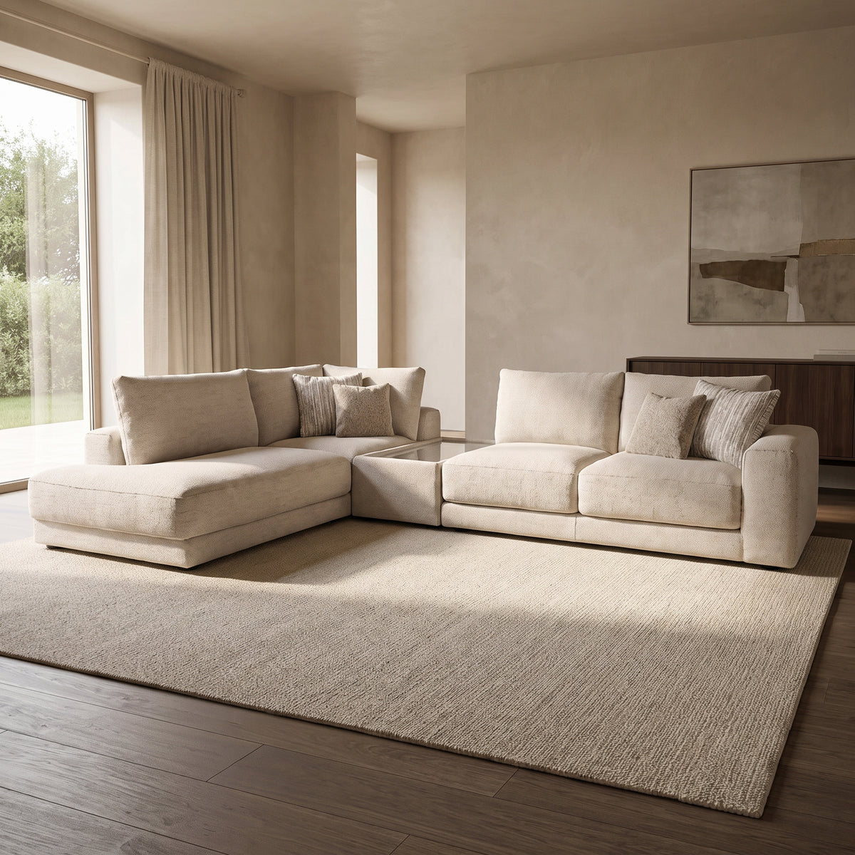 Portofino Chaise 1 Corner 2 Sofa with Console — main lifestyle view in a warm stone and walnut living room