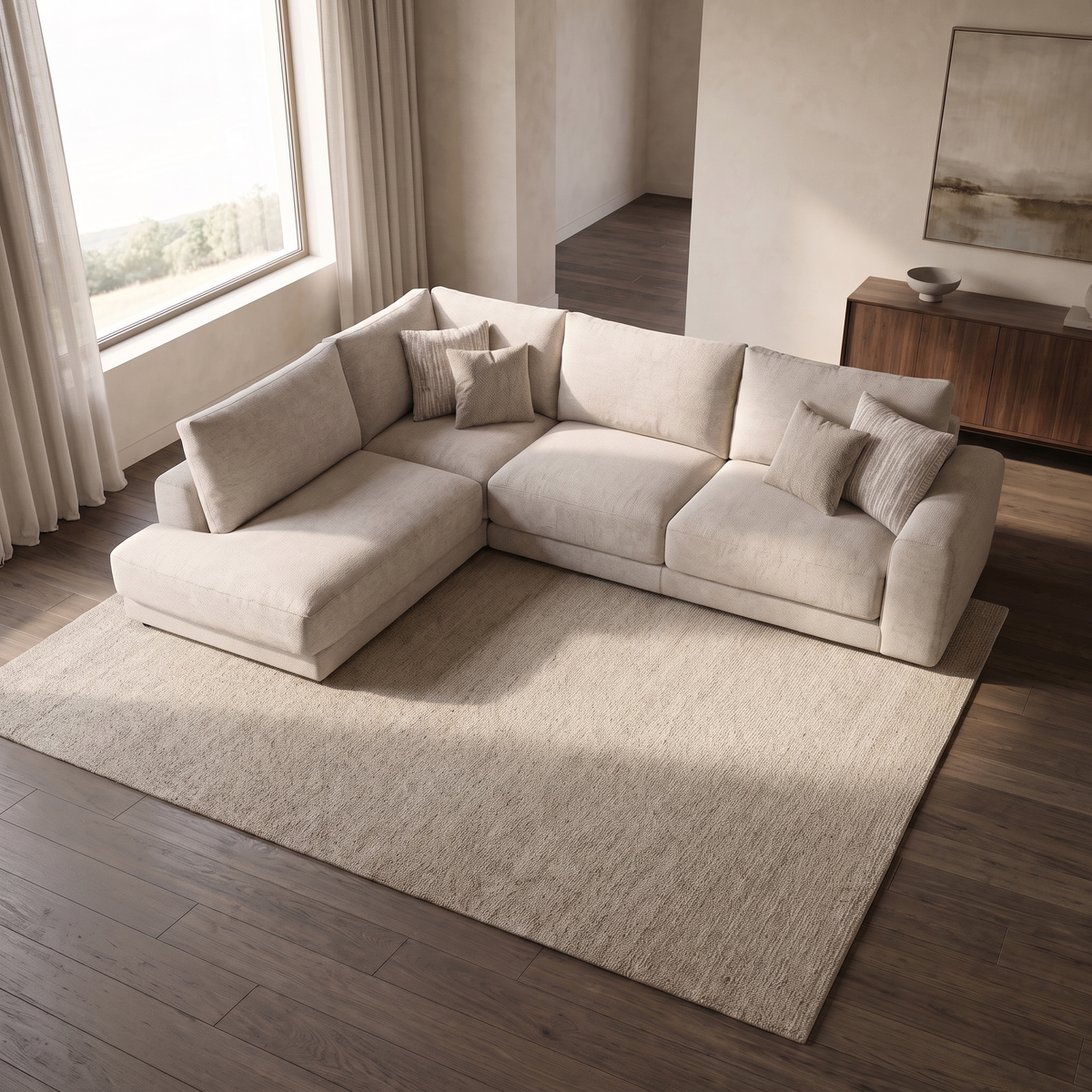 Portofino Chaise 1 Corner 3 Sofa — elevated camera view in a warm stone and walnut living room