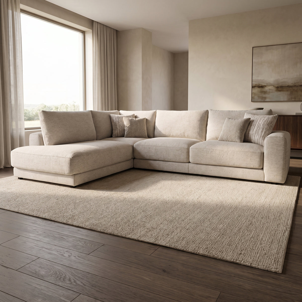Portofino Chaise 1 Corner 3 Sofa — main lifestyle view in a warm stone and walnut living room
