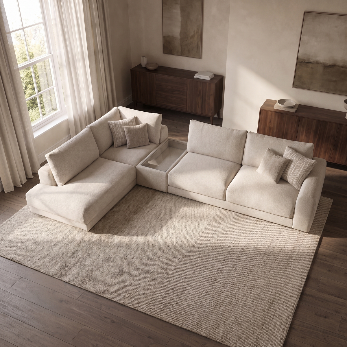 Portofino Chaise 1 Corner 3 Sofa with Console — elevated camera view in a warm stone and walnut living room