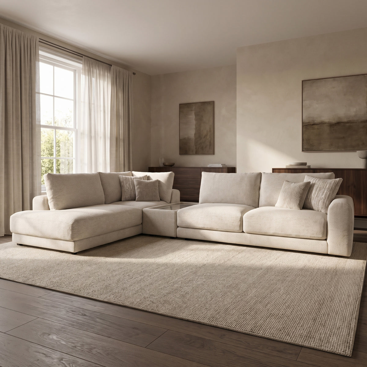 Portofino Chaise 1 Corner 3 Sofa with Console — main lifestyle view in a warm stone and walnut living room
