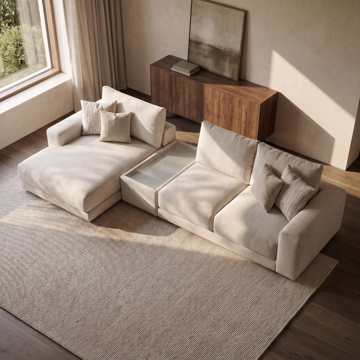 Portofino Chaise 3 Seater with Console Sofa — elevated camera view in a warm stone and walnut living room