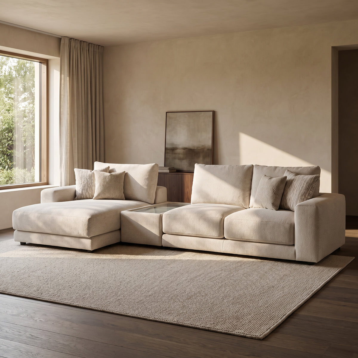 Portofino Chaise 3 Seater with Console Sofa — main lifestyle view in a warm stone and walnut living room