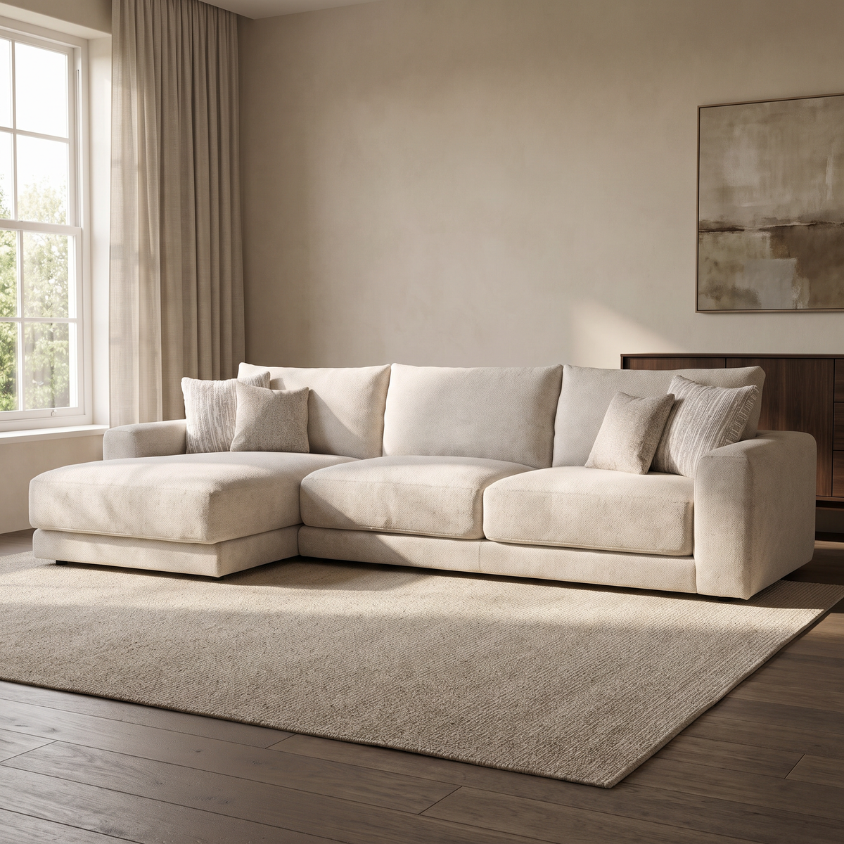Portofino Chaise 4 Seater Sofa — main lifestyle view in a warm stone and walnut living room