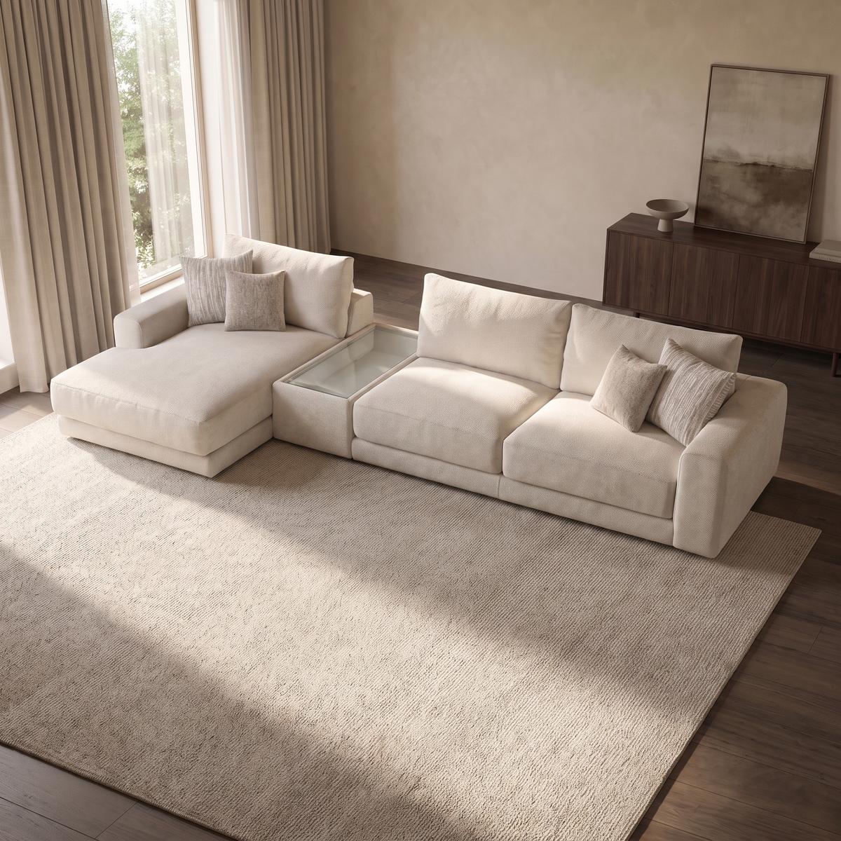 Portofino Chaise 4 Seater with Console Sofa — elevated camera view in a warm stone and walnut living room