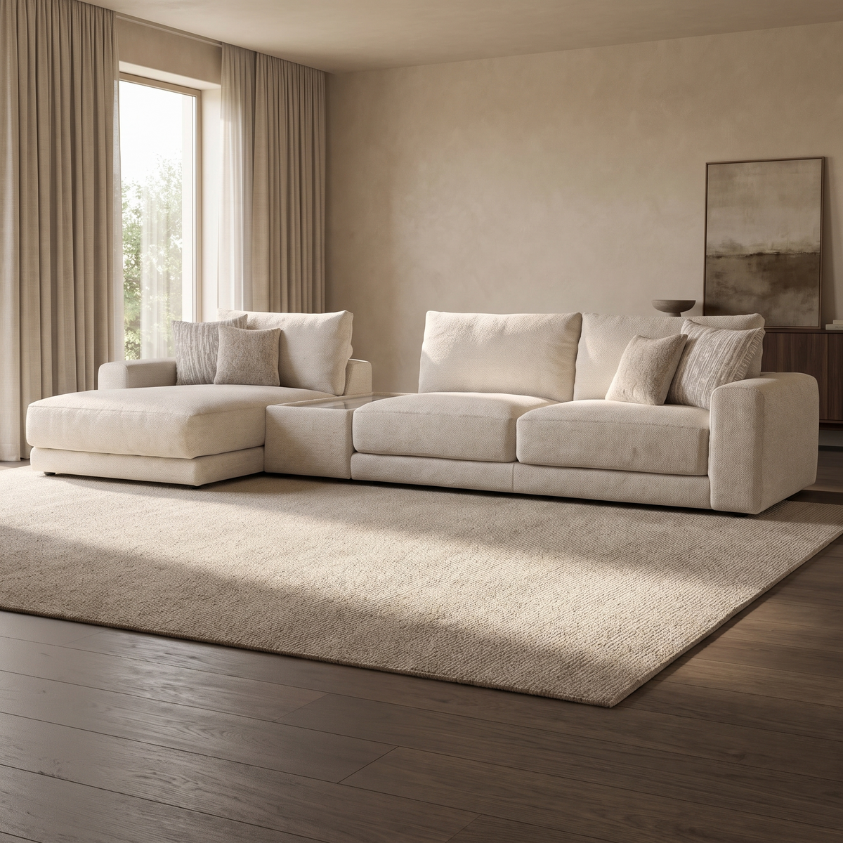 Portofino Chaise 4 Seater with Console Sofa — main lifestyle view in a warm stone and walnut living room