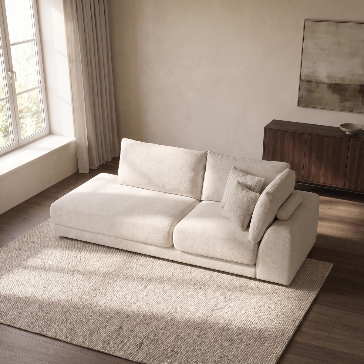 Portofino Left Hand Facing Open End Lounger Sofa — elevated camera view in a warm stone and walnut living room