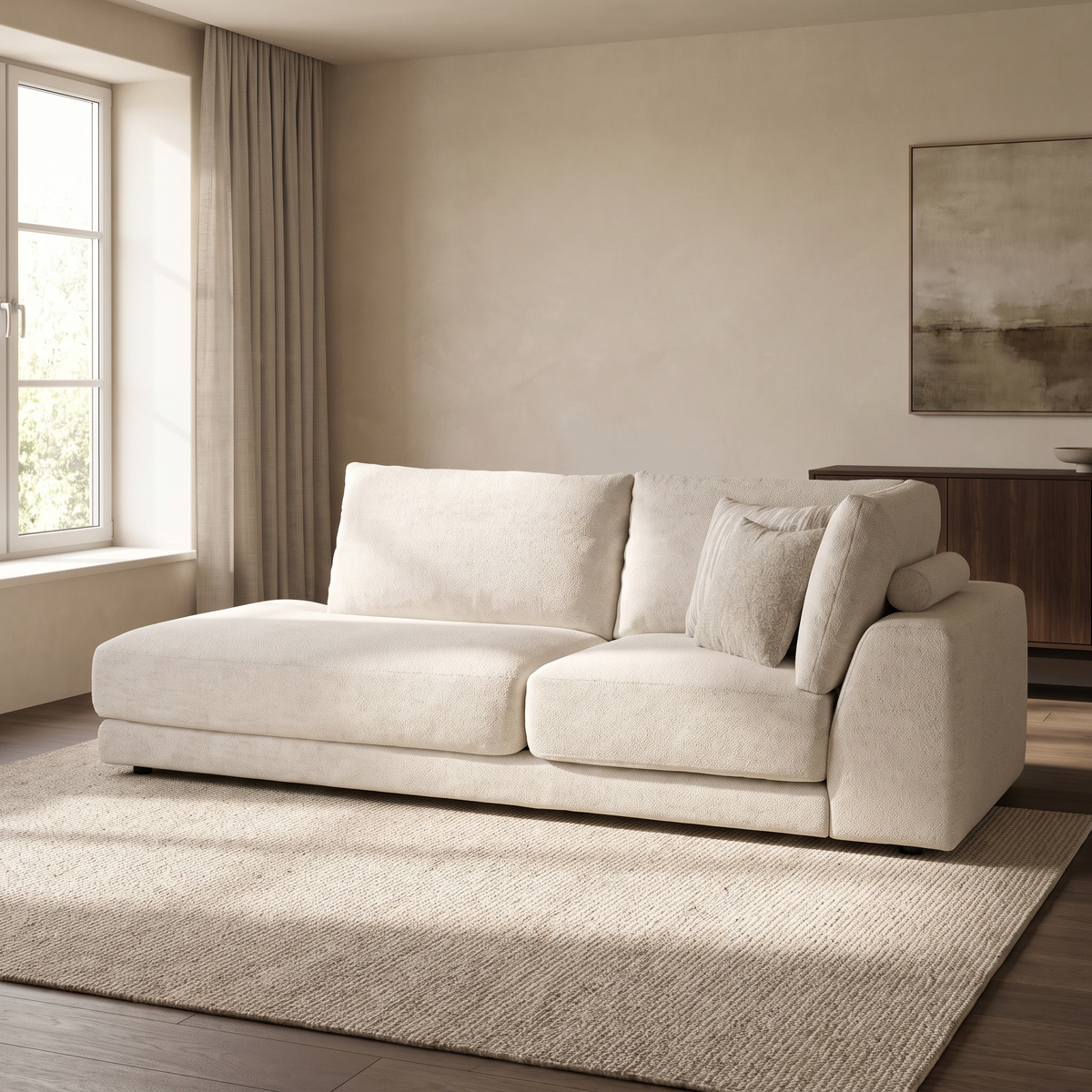 Portofino Left Hand Facing Open End Lounger Sofa — main lifestyle view in a warm stone and walnut living room
