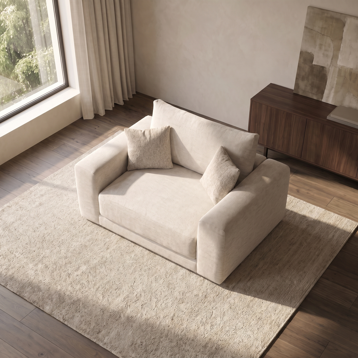 Portofino Loveseat Sofa — elevated camera view in a warm stone and walnut living room
