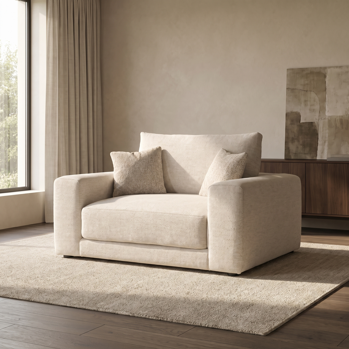 Portofino Loveseat Sofa — main lifestyle view in a warm stone and walnut living room