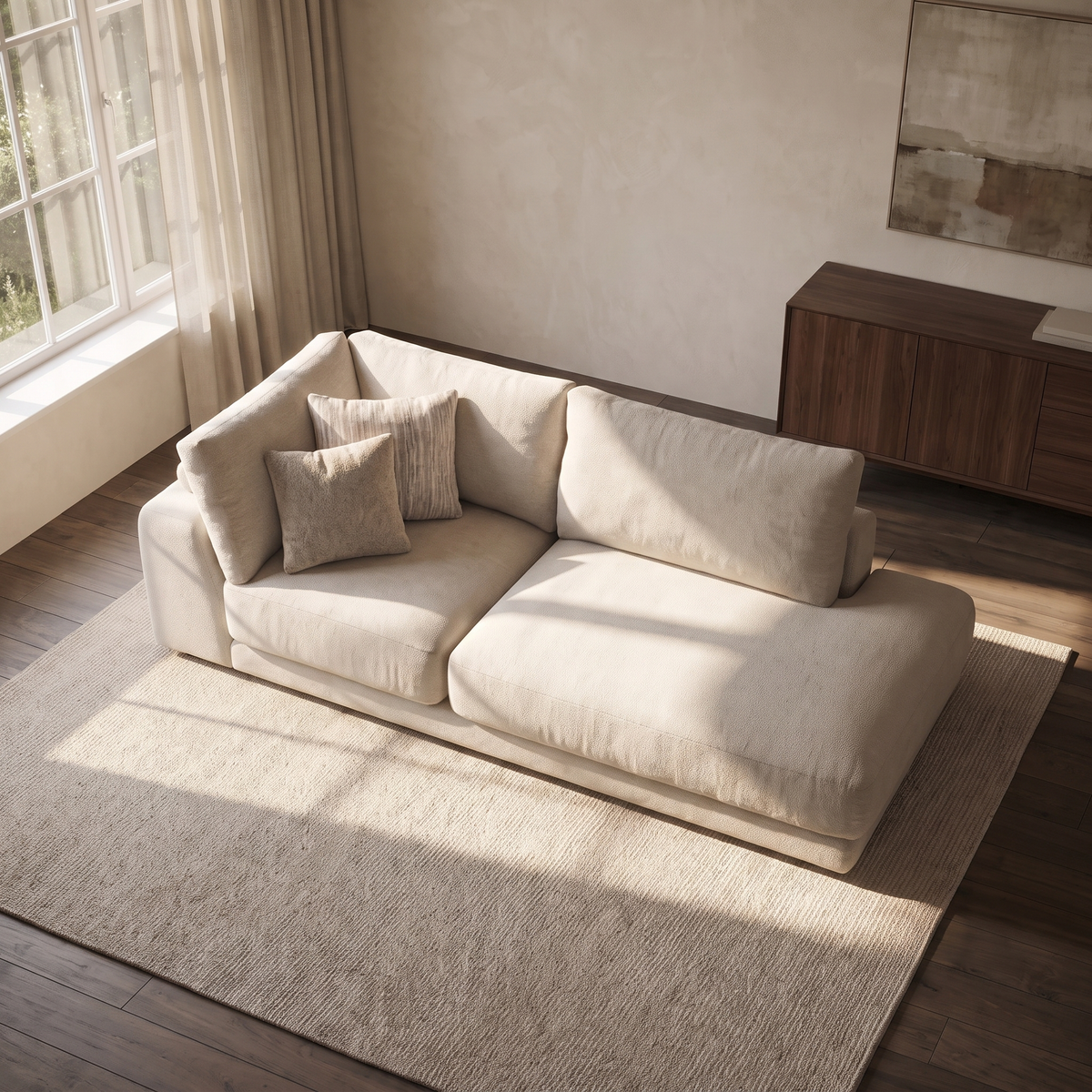 Portofino Right Hand Facing Open End Lounger Sofa — elevated camera view in a warm stone and walnut living room