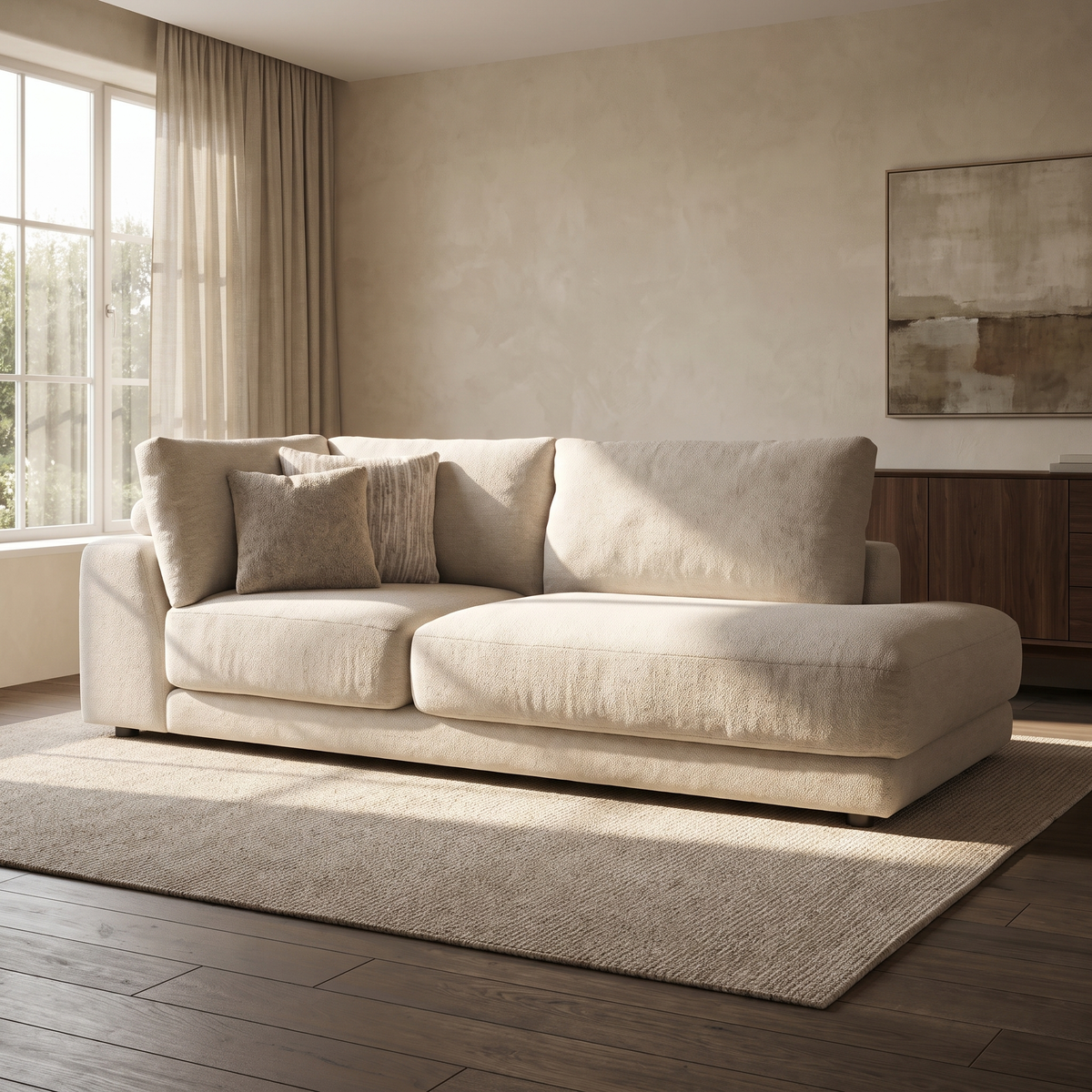 Portofino Right Hand Facing Open End Lounger Sofa — main lifestyle view in a warm stone and walnut living room
