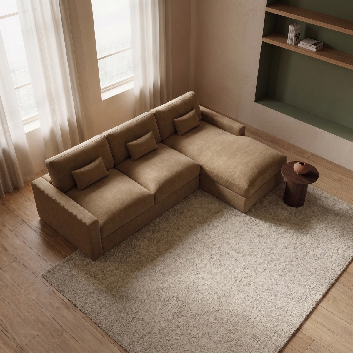 Raffaelo Corner Sofa - Foam Filled — elevated camera view in its styled living room with olive shelving