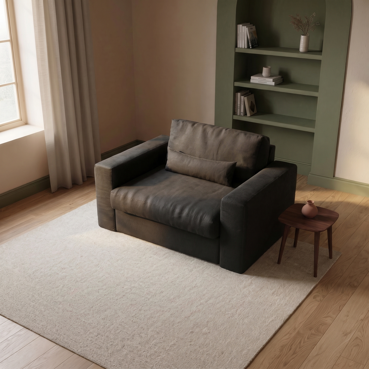 Raffaelo Premium Love Seat — elevated camera view in its styled living room with olive shelving