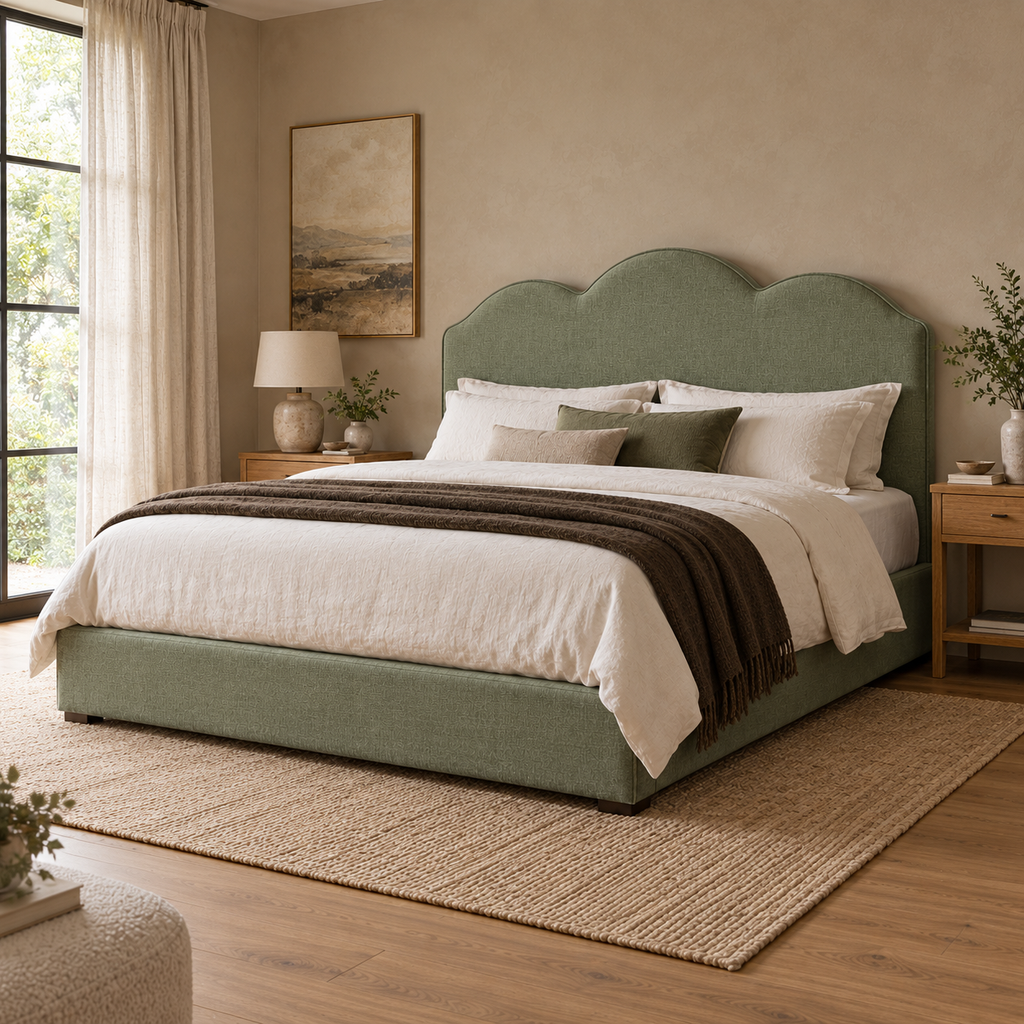 CK Living Rosaline upholstered bed — opposite-angle lifestyle view