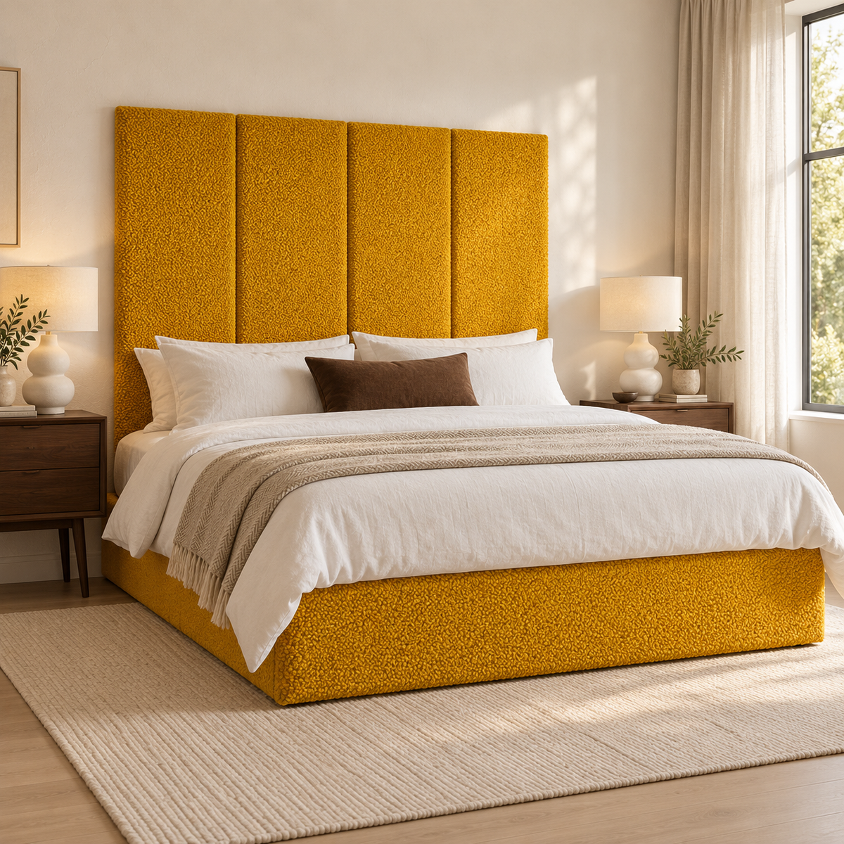 Four Saffron Teddy 45cm wall panels behind a matching upholstered bed base in a styled bedroom. Room visualisation; panels sold individually, base and styling separate.