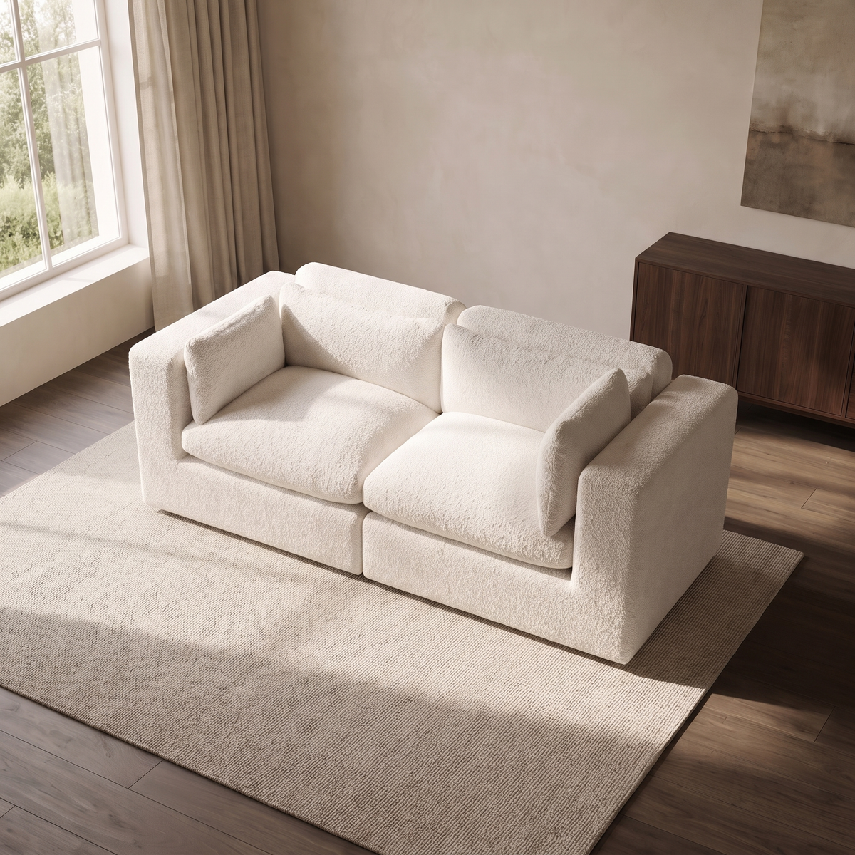 Selene 2-Seater Modular Sofa — elevated camera view in a warm stone and walnut living room