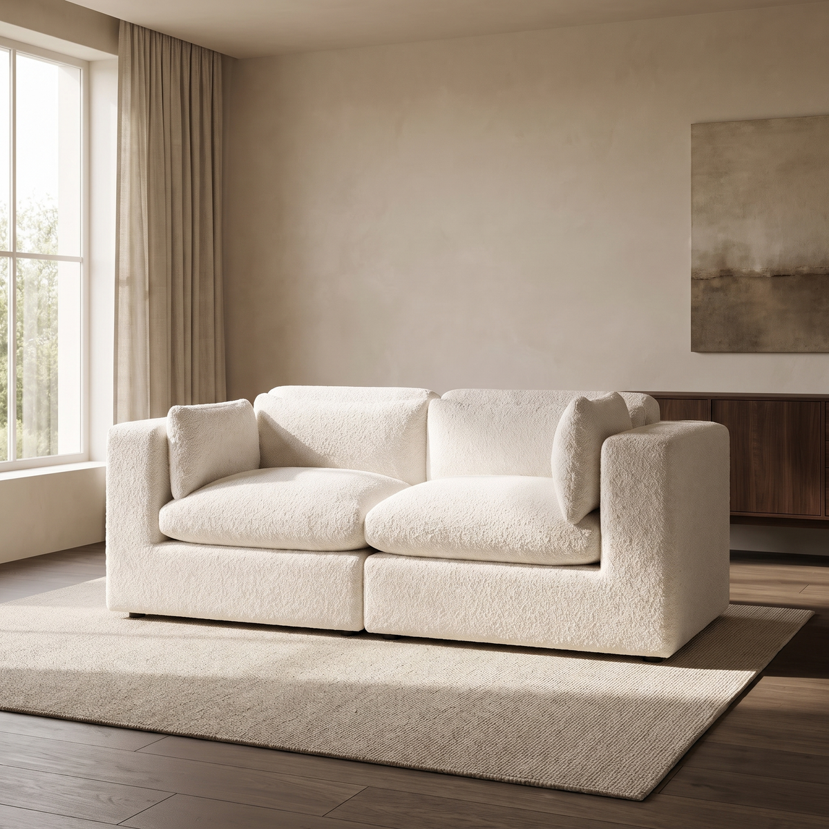 Selene 2-Seater Modular Sofa — main lifestyle view in a warm stone and walnut living room
