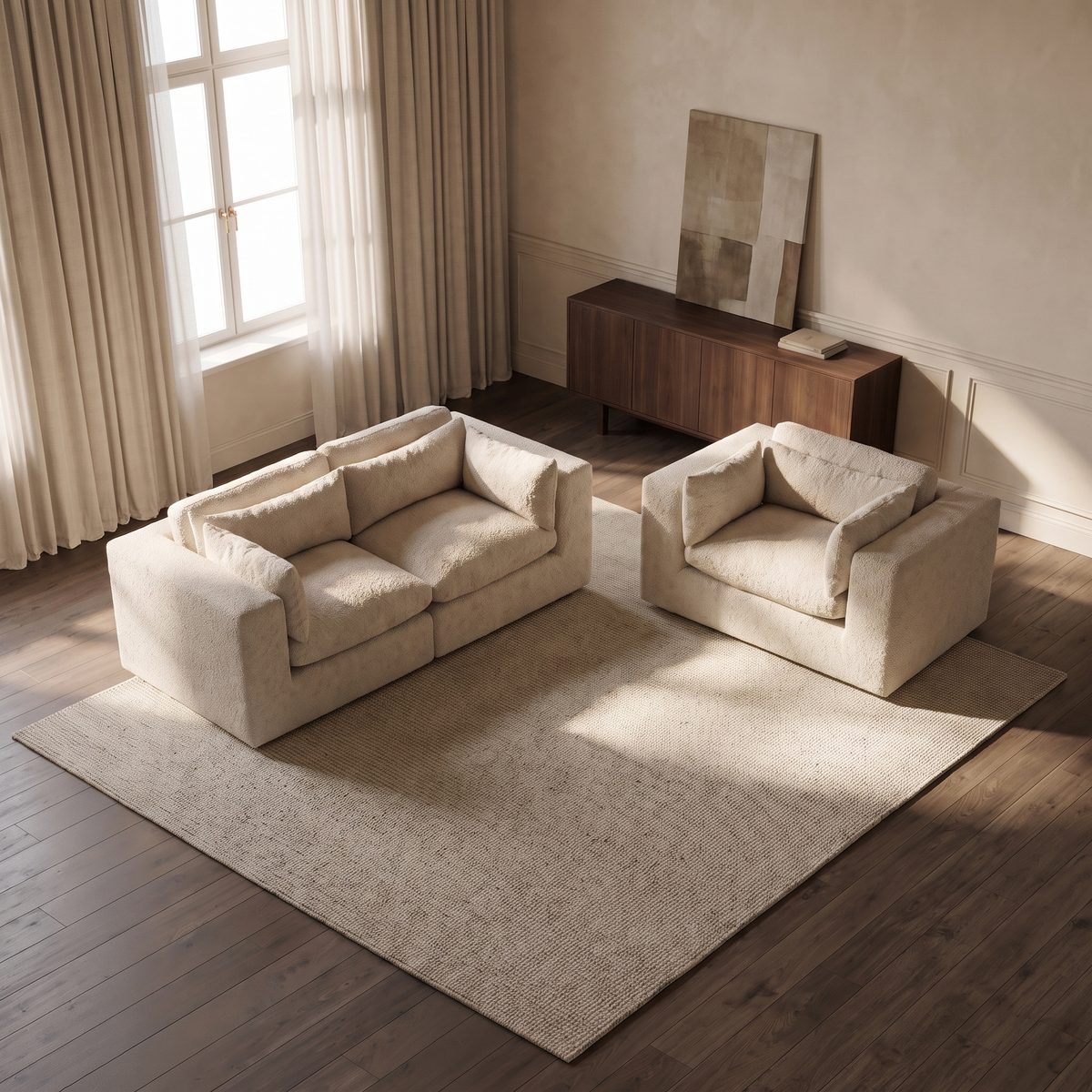 Selene 2-Seater Sofa & Love Seat Set — elevated camera view in a warm stone and walnut living room