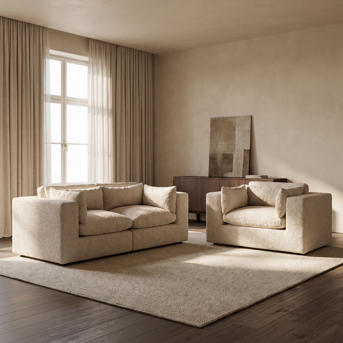 Selene 2-Seater Sofa & Love Seat Set — main lifestyle view in a warm stone and walnut living room