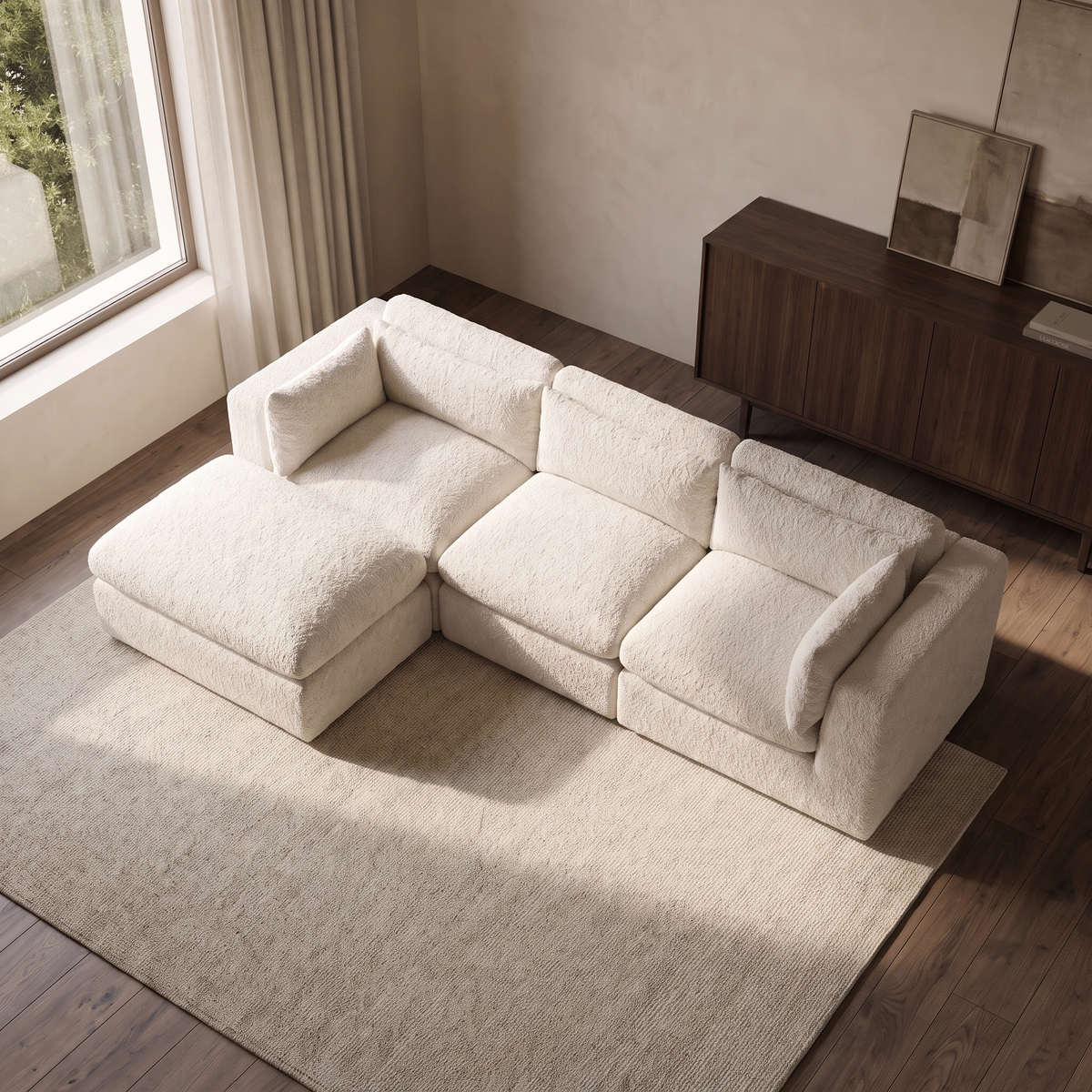 Selene 3-Seater Corner & Love Seat Set — elevated camera view in a warm stone and walnut living room