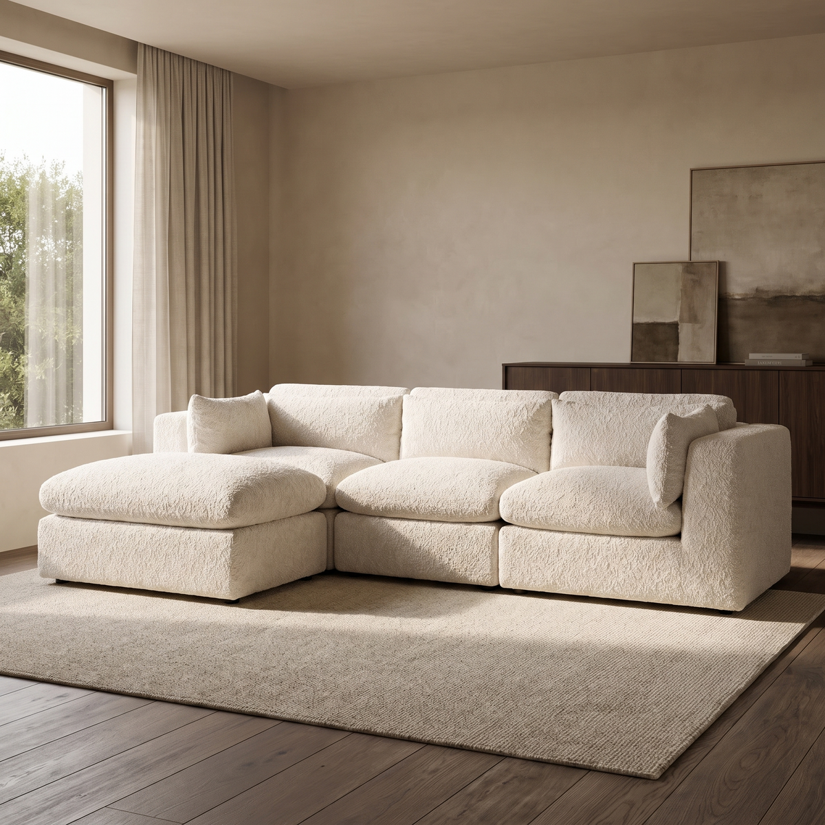 Selene 3-Seater Corner & Love Seat Set — main lifestyle view in a warm stone and walnut living room