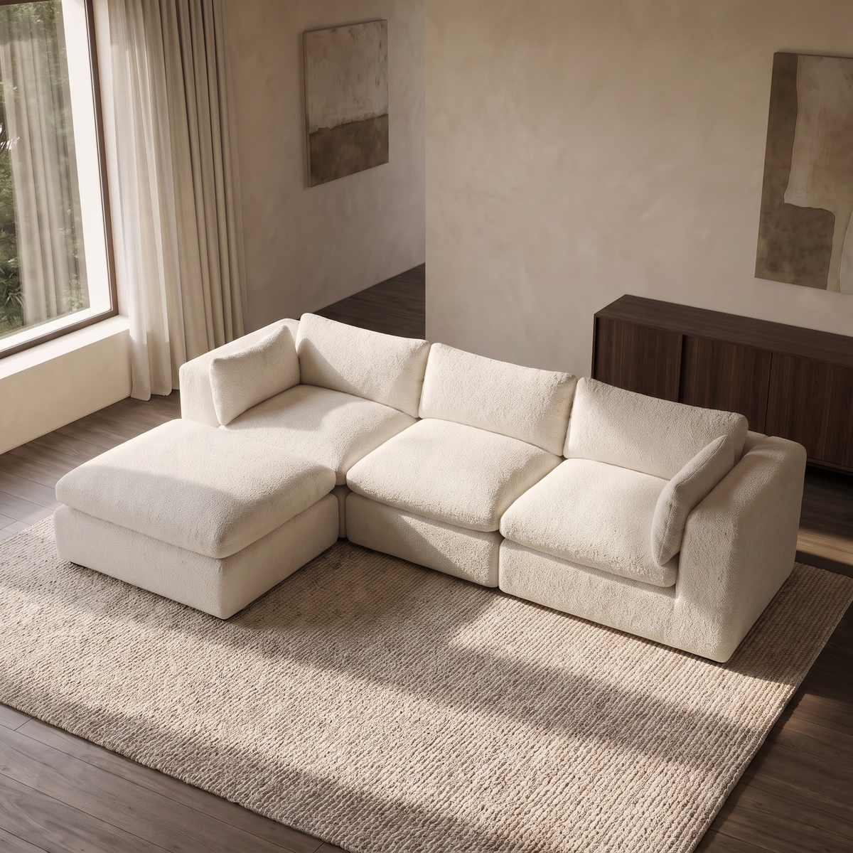 Selene 3-Seater Modular Corner Sofa — elevated camera view in a warm stone and walnut living room
