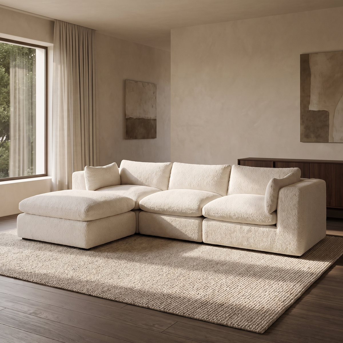 Selene 3-Seater Modular Corner Sofa — main lifestyle view in a warm stone and walnut living room