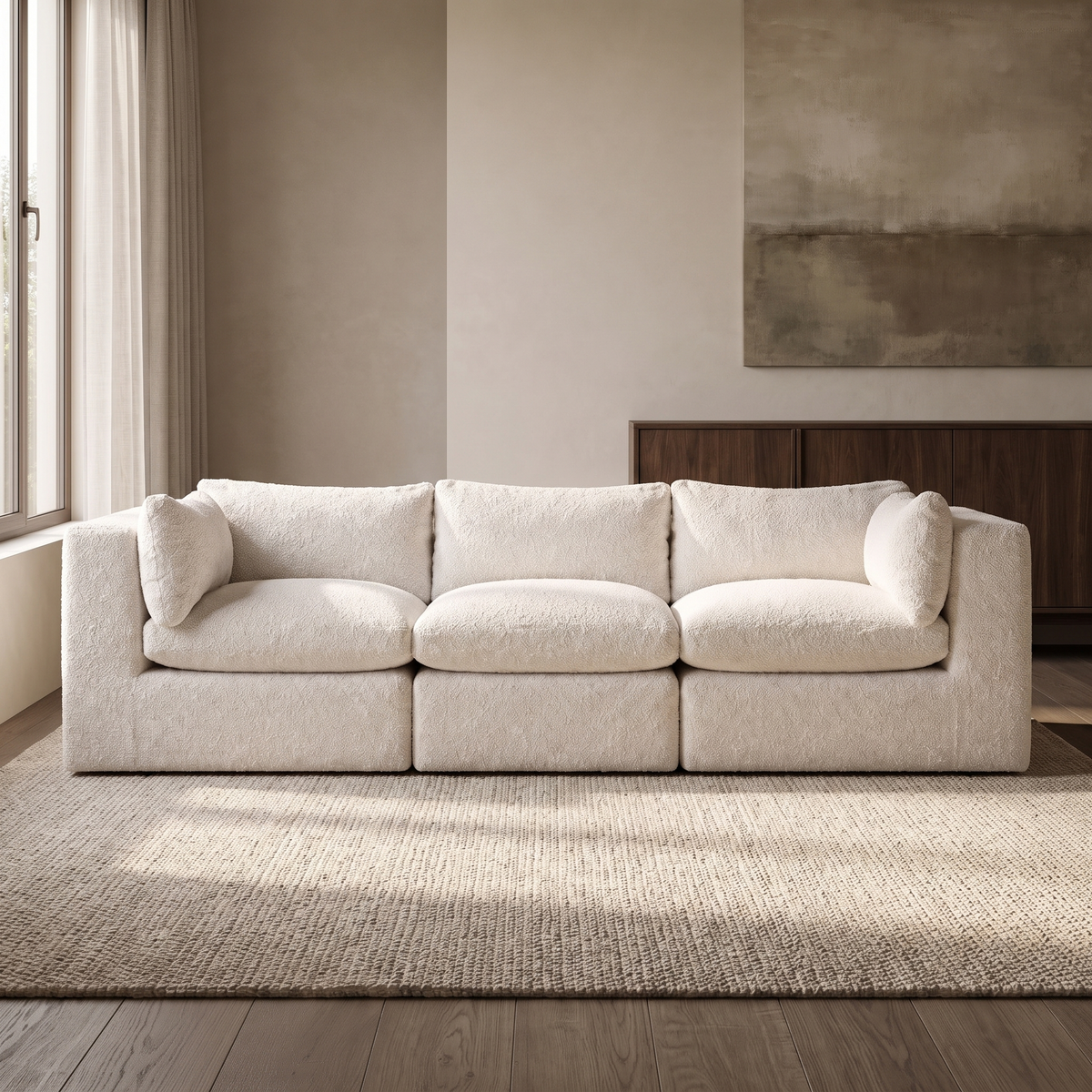 Selene 3-Seater Modular Sofa — main lifestyle view in a warm stone and walnut living room