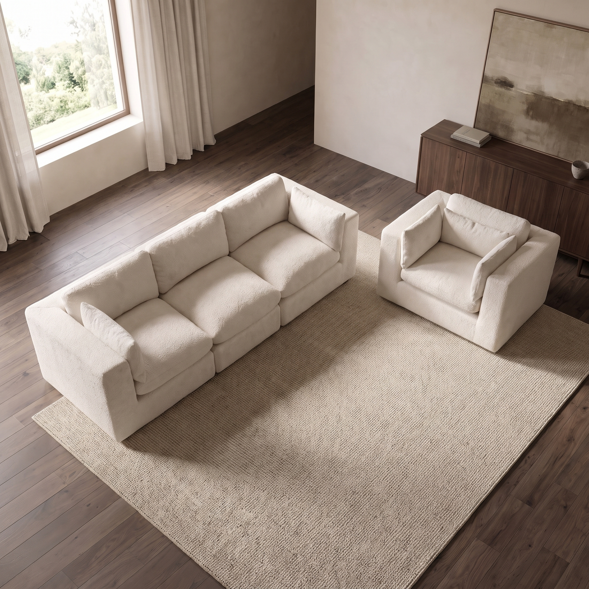 Selene 3-Seater Sofa & Love Seat Set — elevated camera view in a warm stone and walnut living room