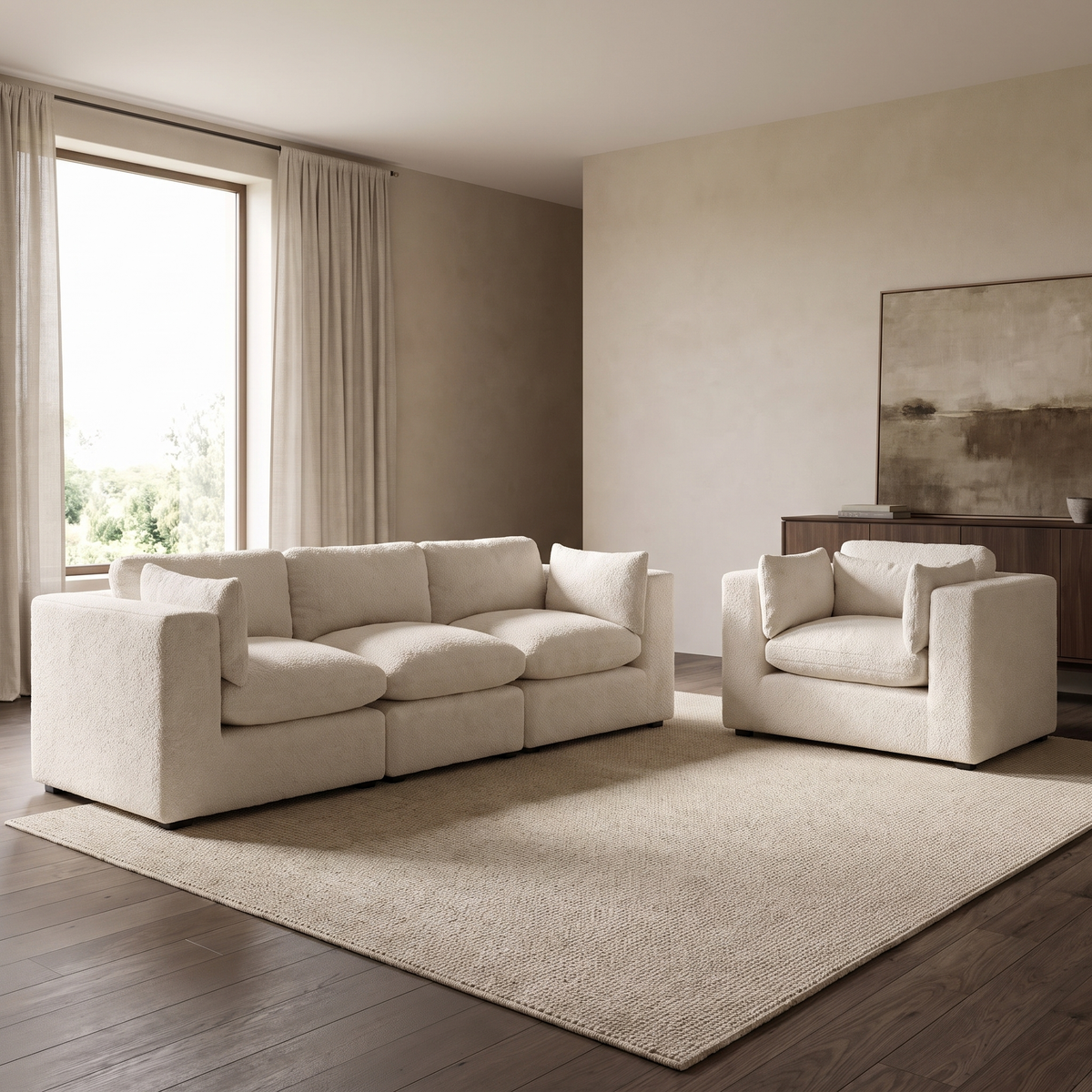 Selene 3-Seater Sofa & Love Seat Set — main lifestyle view in a warm stone and walnut living room