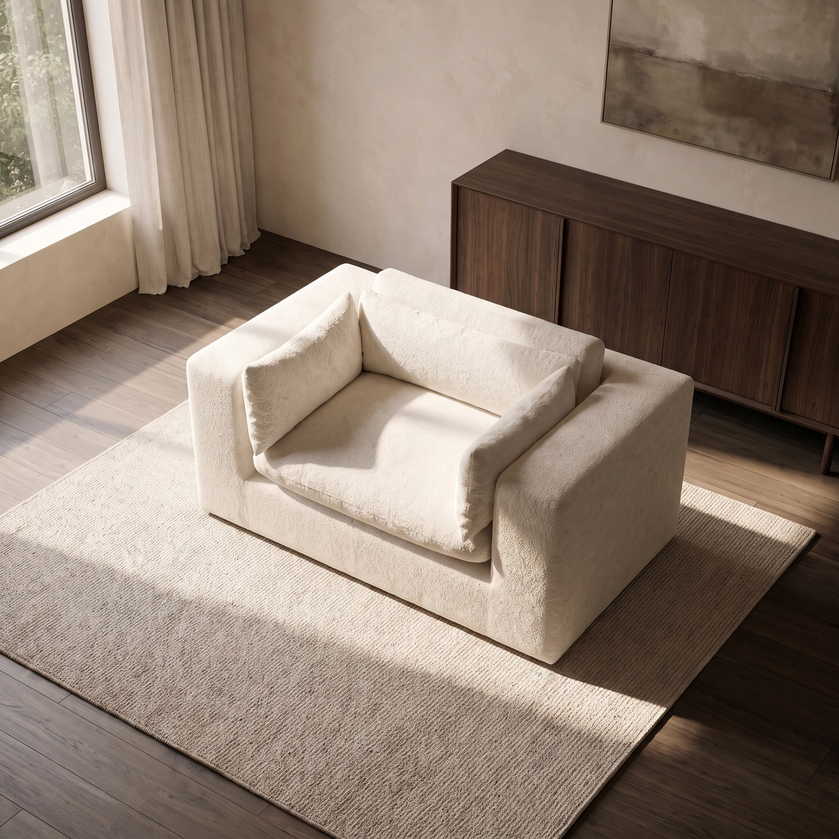 Selene Love Seat — elevated camera view in a warm stone and walnut living room