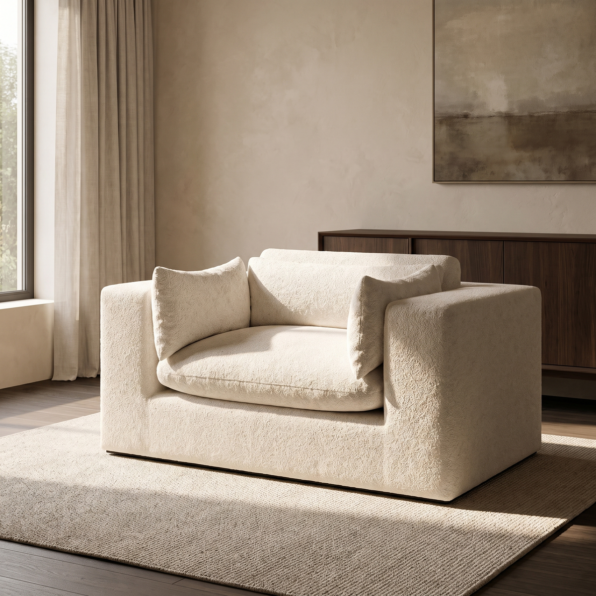 Selene Love Seat — main lifestyle view in a warm stone and walnut living room