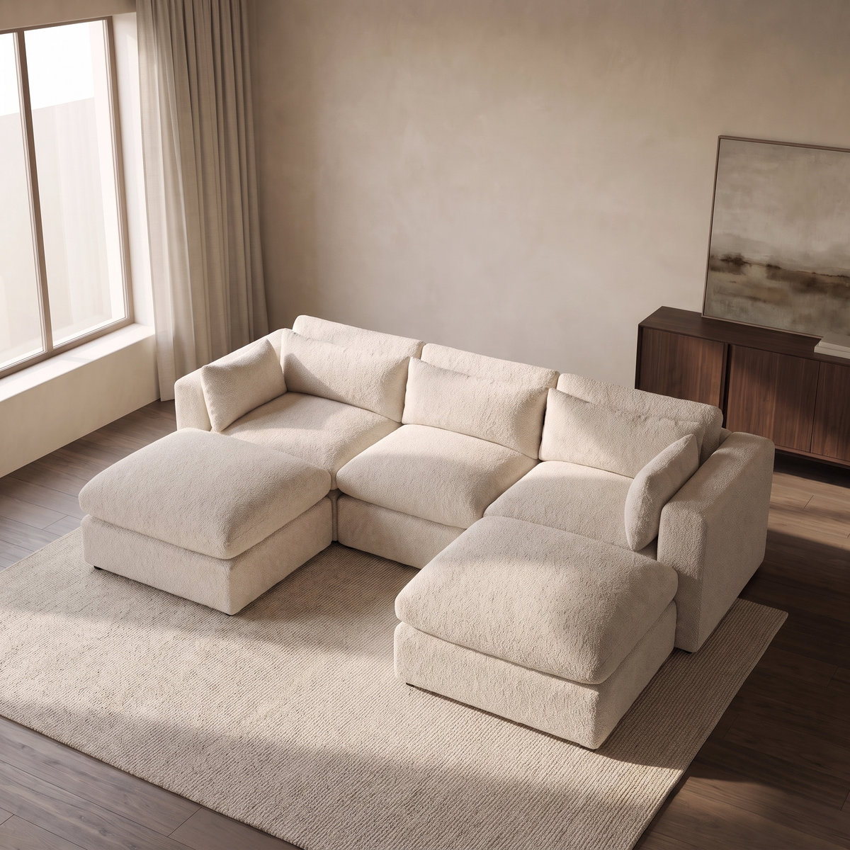 Selene U-Shape Sofa — elevated camera view in a warm stone and walnut living room