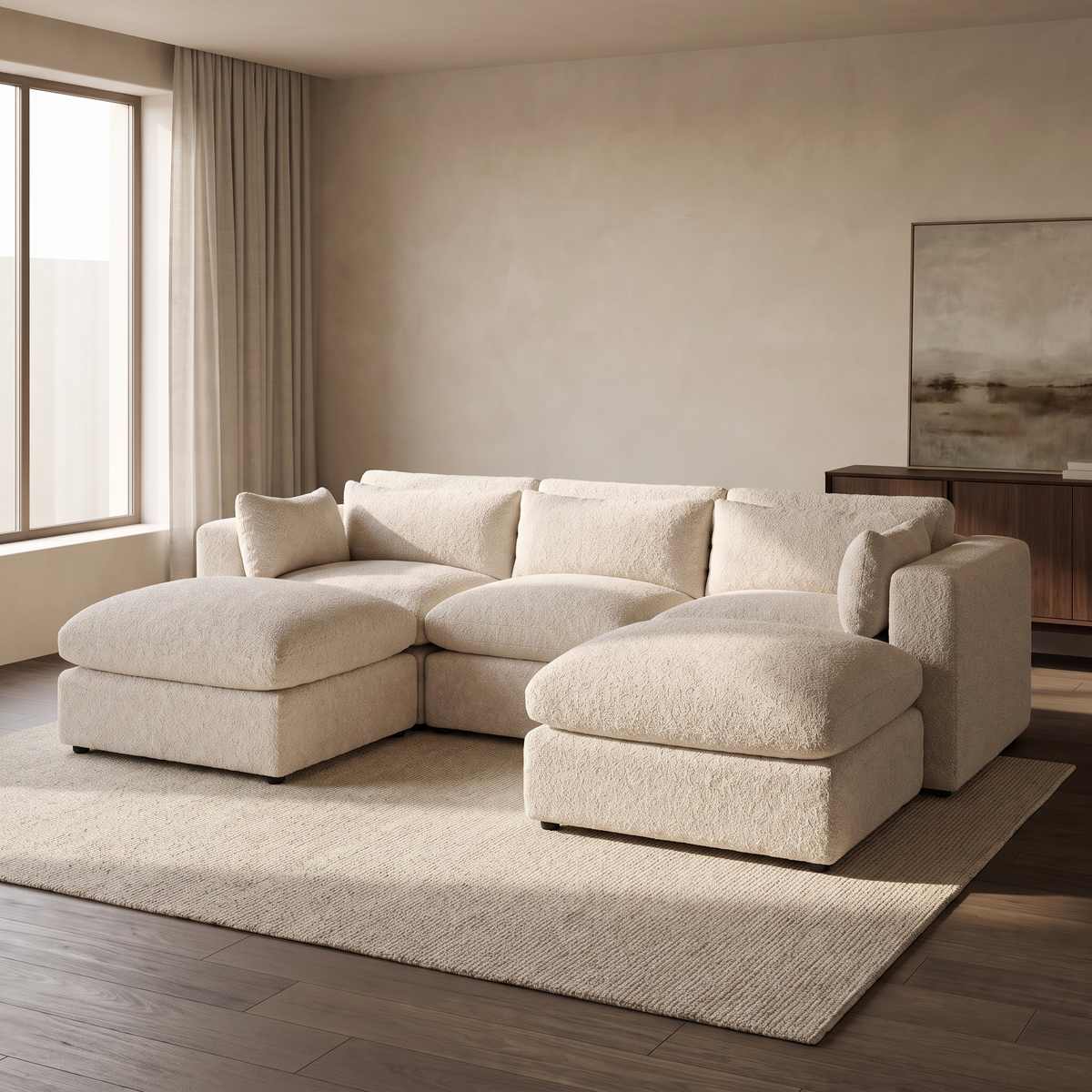 Selene U-Shape Sofa — main lifestyle view in a warm stone and walnut living room
