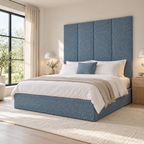 Four Sky Teddy 45cm wall panels behind a matching upholstered bed base in a styled bedroom. Room visualisation; panels sold individually, base and styling separate.